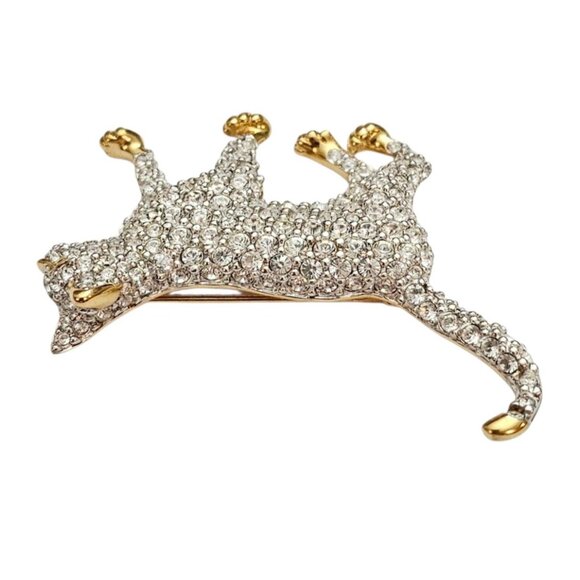 Swarovski Clear Rhinestone Cat Brooch Marked With Swan Logo - Picture 6 of 10